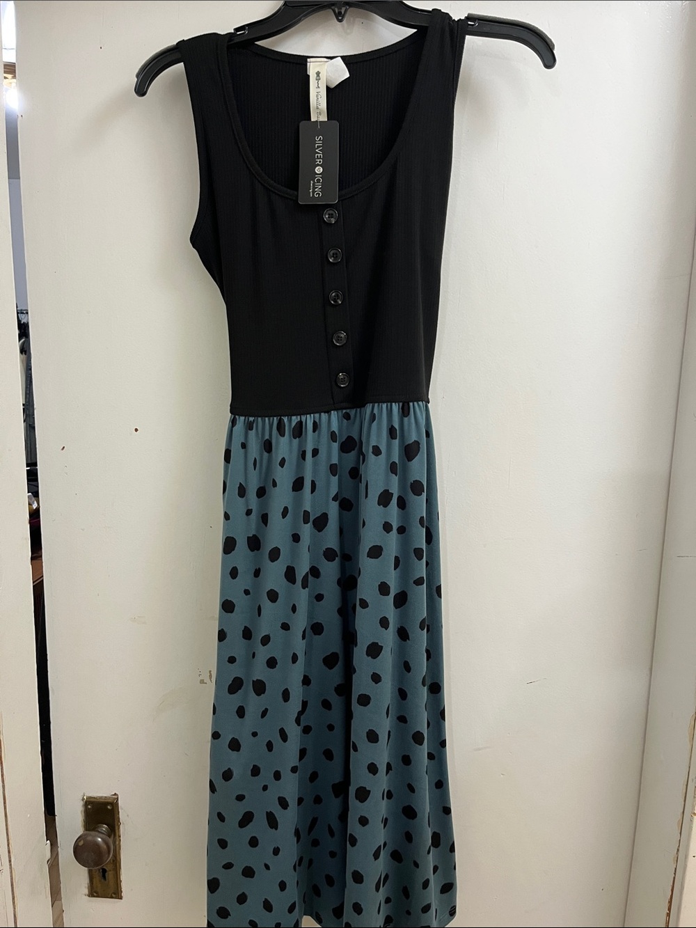 Black Ribbed Tank Maxi with Teal Polka-Dot Skirt